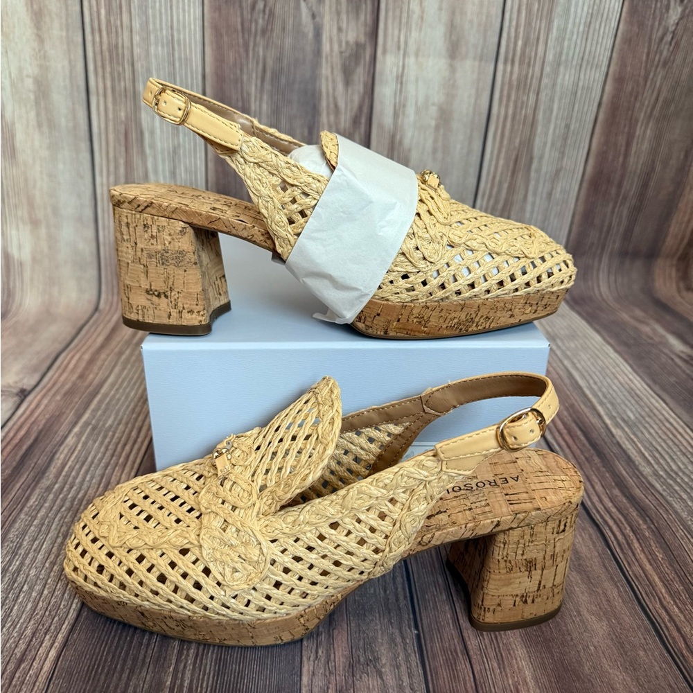 Aerosoles Natural Raffia Woven Block Cork Heel Platform Sandals ~ New Size 9M